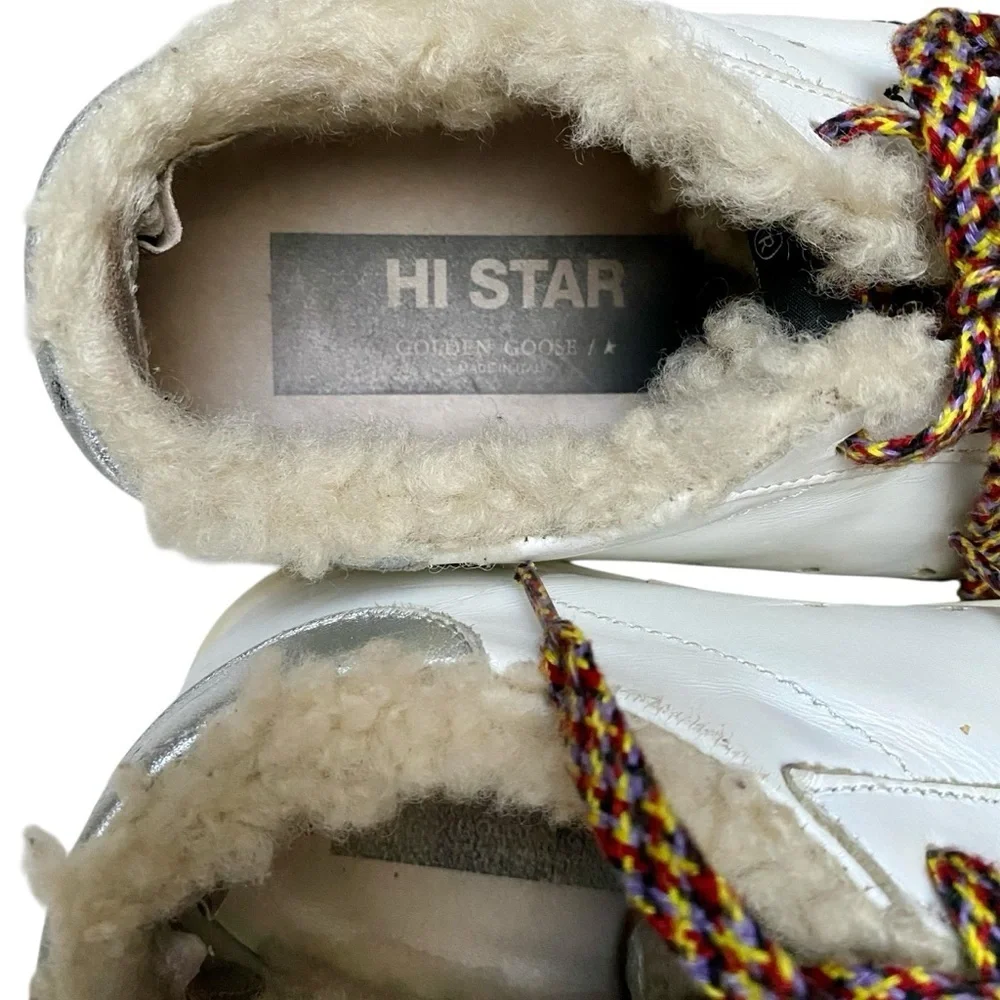 Golden Goose Hi Star Shearling Platform Sneakers White Silver EU 38 US 8